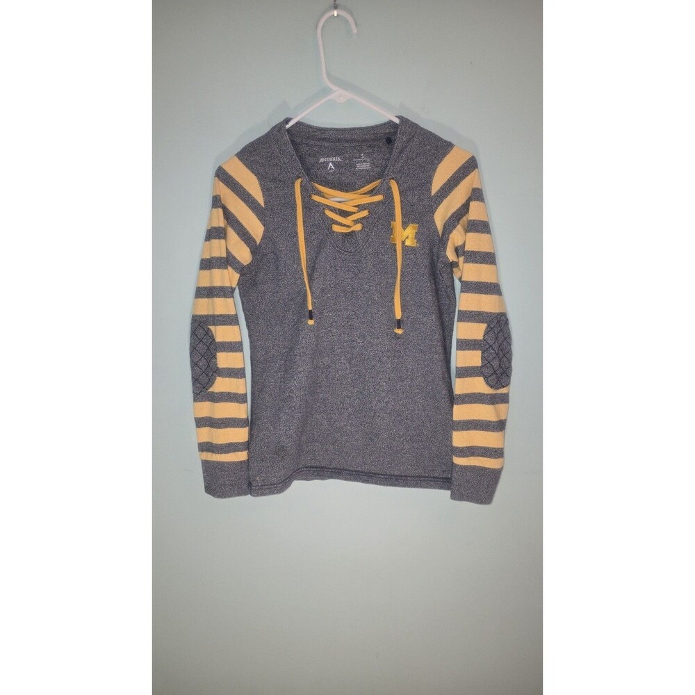 Womens Michigan Antigua Lace Up Shirt With Elbow Pads And Striped Sleeves Small